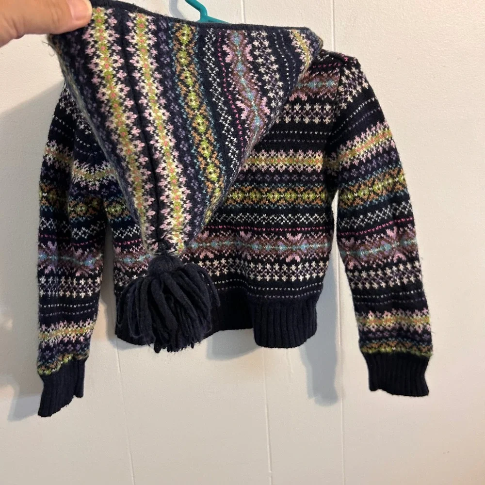 Gap Kids Navy Fair Isle Full Zip Hooded Cardigan Sweater Tassel Hood 4 Years